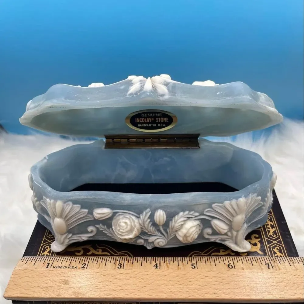 Incolay - Handcraft Genuine Light Blue Stone Box, Rose & Bows